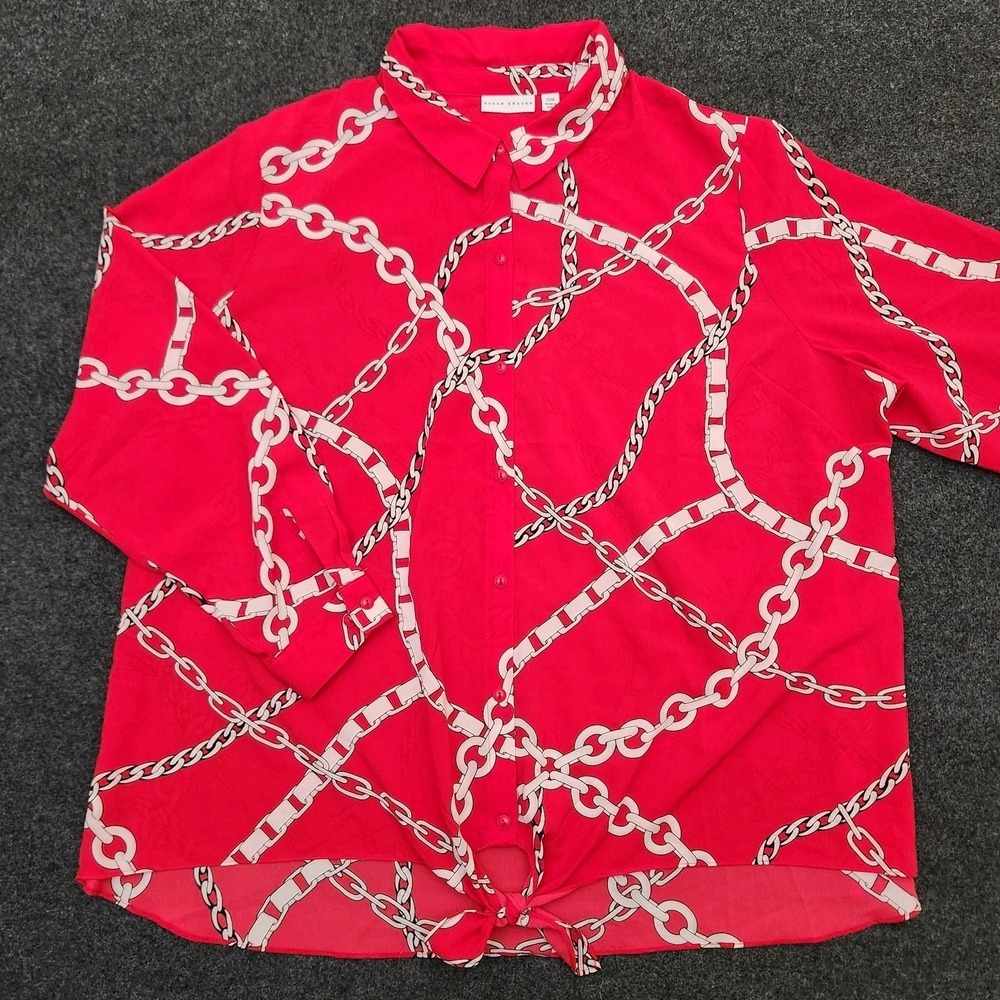 Susan Graver Womens 22W Red Chain Link Button Up Tie Hem Shirt Sheer Lightweight
